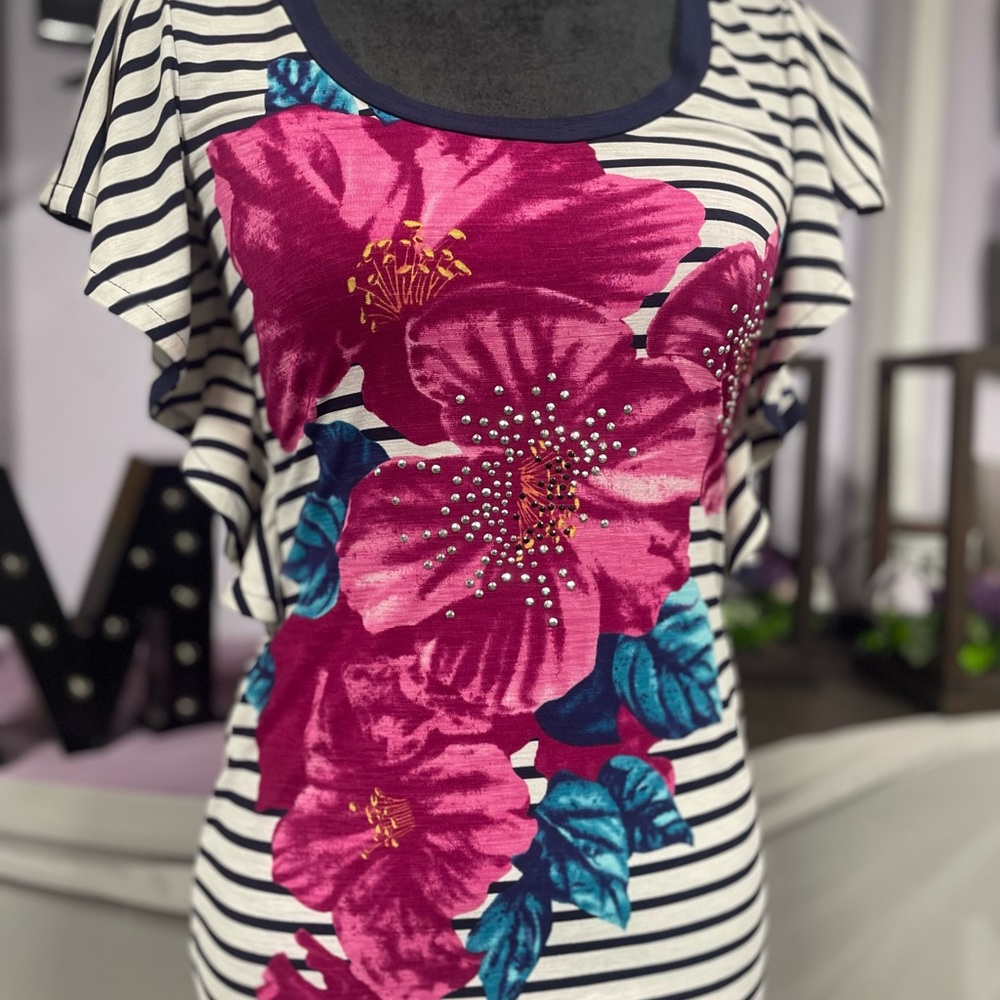 Moa Moa Striped Floral Blouse - Small